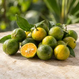 A pile of green and yellow calamansi with leaves, one cut in half