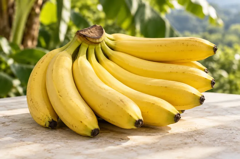 A hand of ripe yellow Cavendish bananas on a stone table