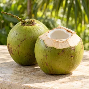 Two young green coconuts, one opened to show white meat