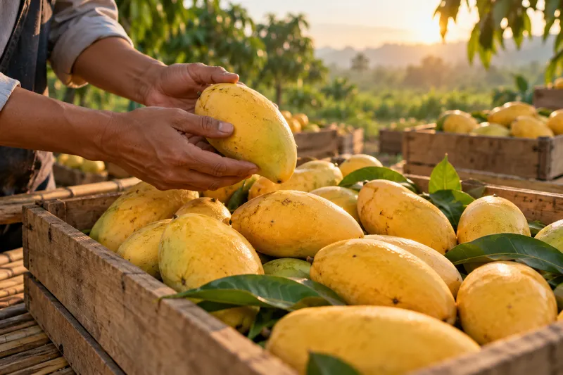 Hands sorting golden Carabao mangoes into a wooden crate at dawn