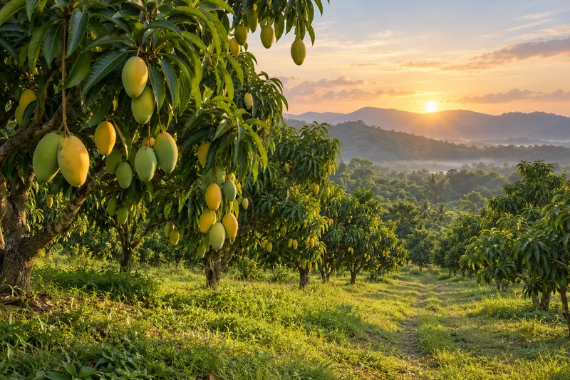 A mango orchard at sunrise with fruit hanging from the trees and hills beyond