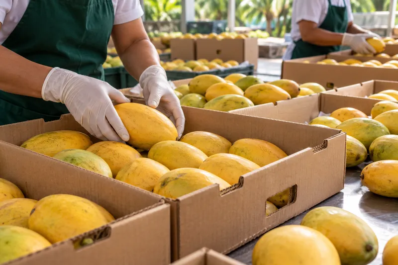 Gloved hands packing mangoes into plain cartons