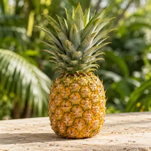 A whole golden pineapple with its green crown